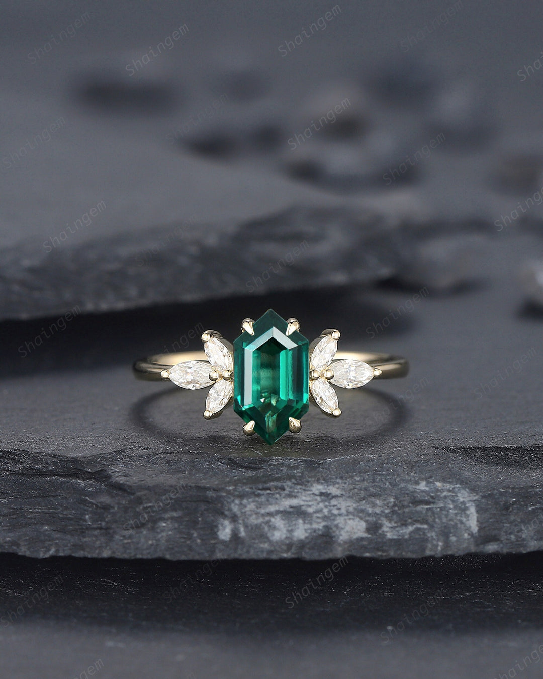 Vintage Long Hexagon Emerald Engagement Ring, Unique 14K Gold Cluster Emerald Wedding Ring, Marquise Moissanite Promise Ring Gift For her - ShainJewelry