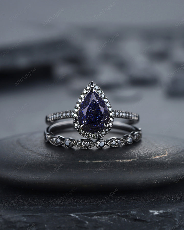 Vintage Pear Blue Sandstone Halo Engagement Ring Set, Starry Blue Sandstone Black Promise Ring, Rhodium Black Bridal Set, Black Wedding Ring - ShainJewelry
