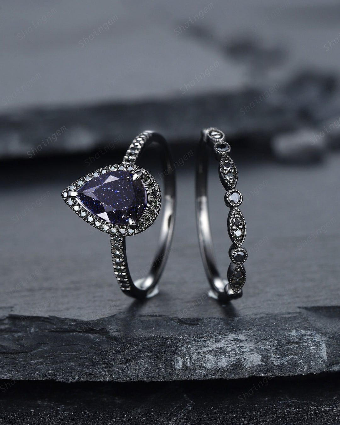 Vintage Pear Blue Sandstone Halo Engagement Ring Set, Starry Blue Sandstone Black Promise Ring, Rhodium Black Bridal Set, Black Wedding Ring - ShainJewelry