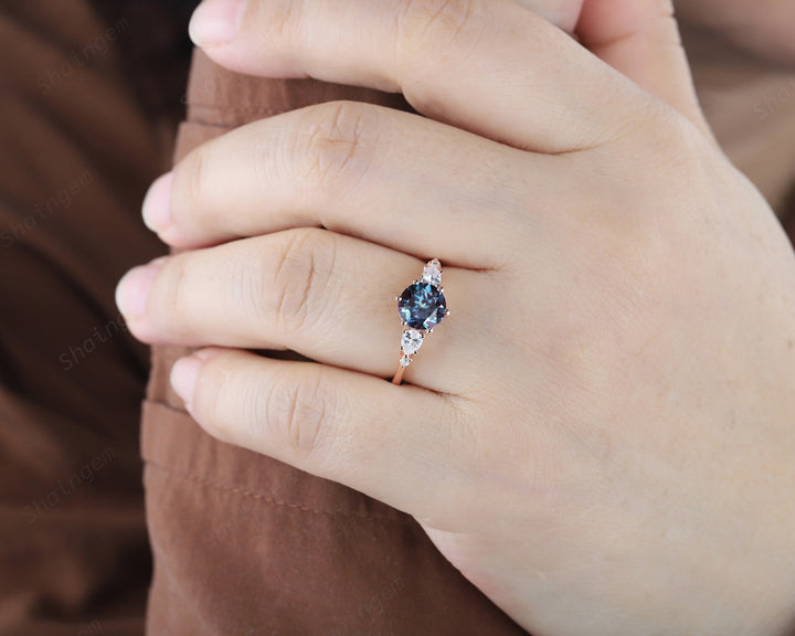 Unique Round Cut Alexandrite Engagement Ring, Vintage 14K Rose Gold Alexandrite Promise Ring, Art Deco June Birthstone Wedding Ring Gift - ShainJewelry