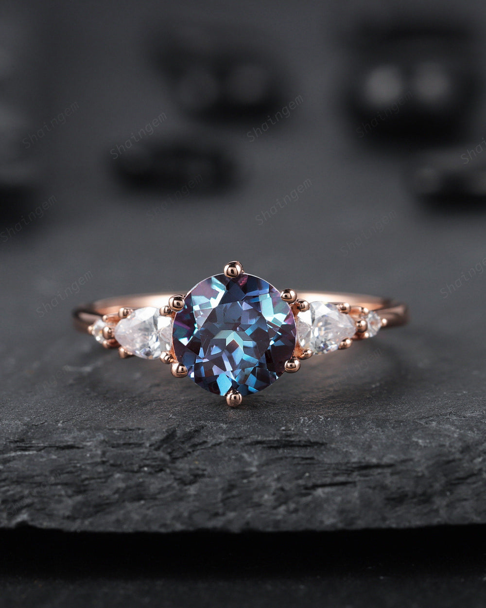 Unique Round Cut Alexandrite Engagement Ring, Vintage 14K Rose Gold Alexandrite Promise Ring, Art Deco June Birthstone Wedding Ring Gift - ShainJewelry