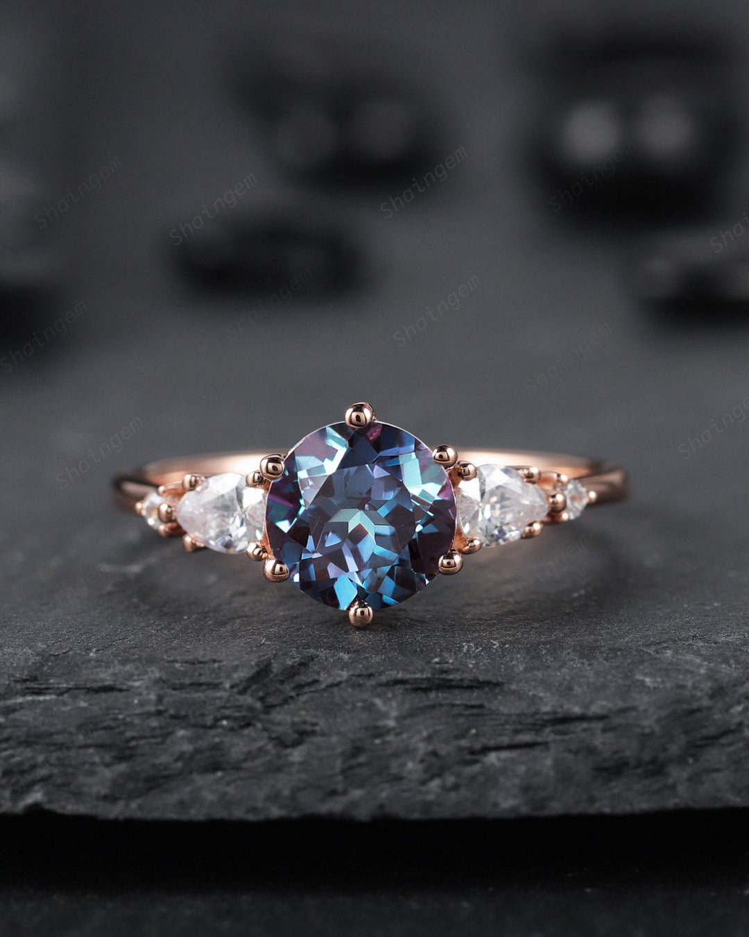 Unique Round Cut Alexandrite Engagement Ring, Vintage 14K Rose Gold Alexandrite Promise Ring, Art Deco June Birthstone Wedding Ring Gift - ShainJewelry