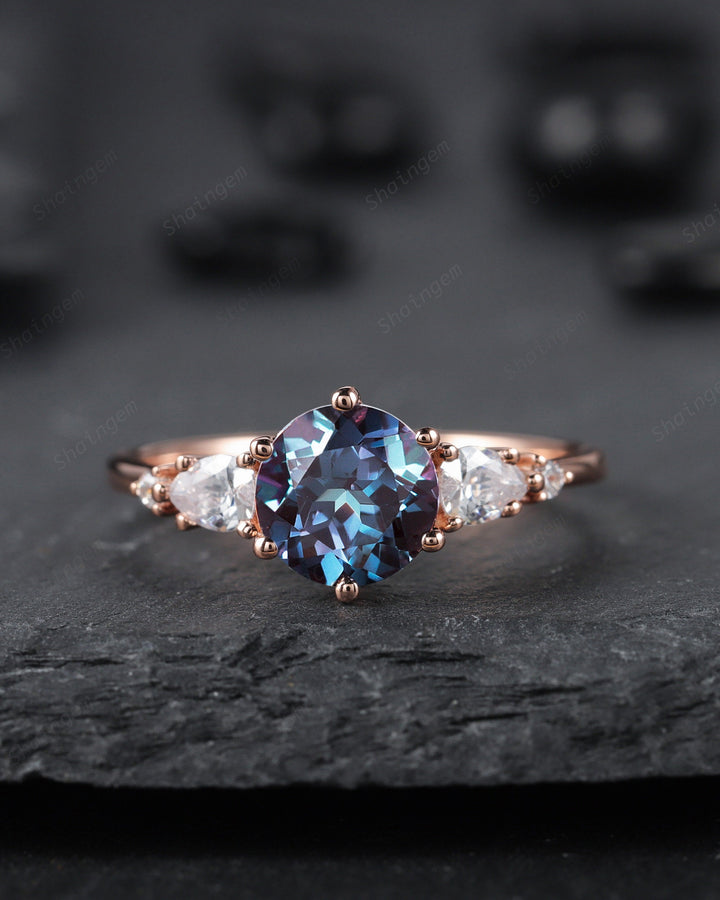 Unique Round Cut Alexandrite Engagement Ring, Vintage 14K Rose Gold Alexandrite Promise Ring, Art Deco June Birthstone Wedding Ring Gift - ShainJewelry