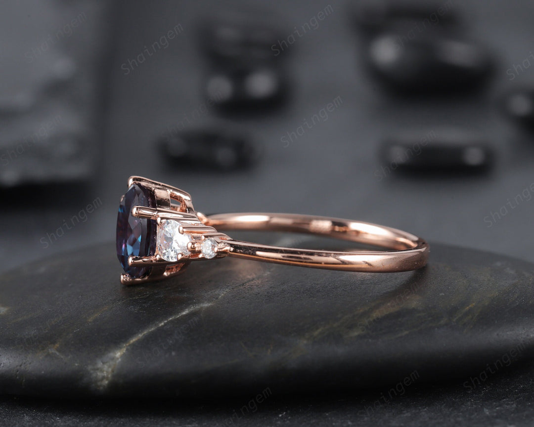 Unique Round Cut Alexandrite Engagement Ring, Vintage 14K Rose Gold Alexandrite Promise Ring, Art Deco June Birthstone Wedding Ring Gift - ShainJewelry