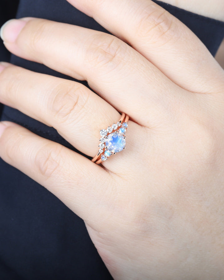 Vintage Round Moonstone Engagement Ring Set, Unique 14K Rose Gold Moonstone Wedding Promise Ring, Blue Moonstone Bridal Set Anniversary Gift