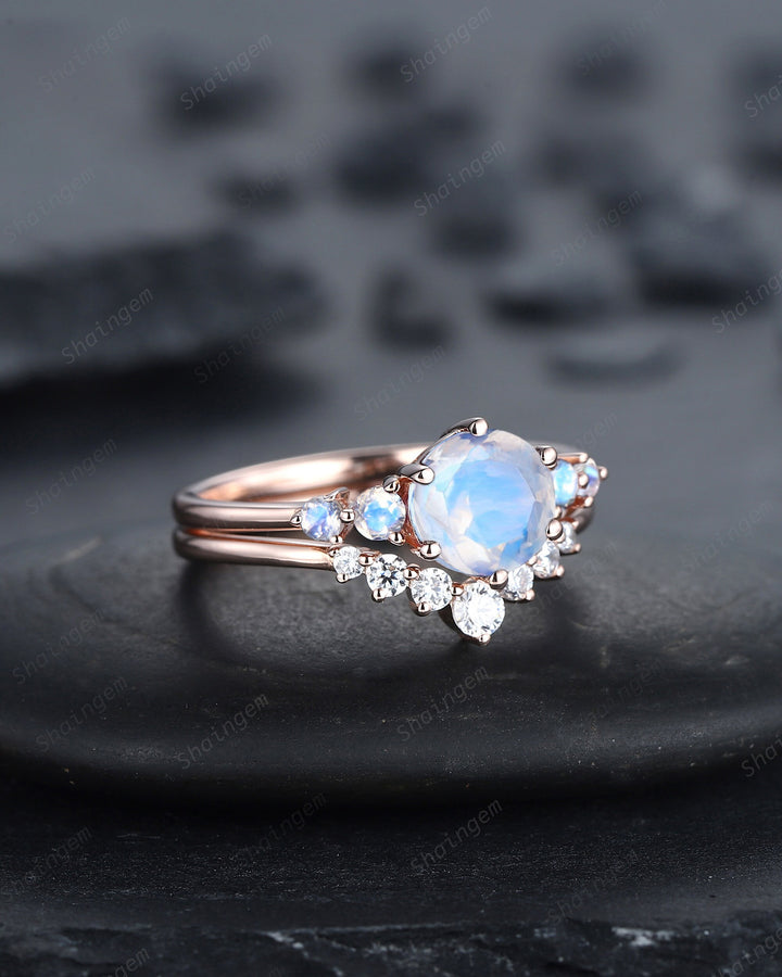 Vintage Round Moonstone Engagement Ring Set, Unique 14K Rose Gold Moonstone Wedding Promise Ring, Blue Moonstone Bridal Set Anniversary Gift