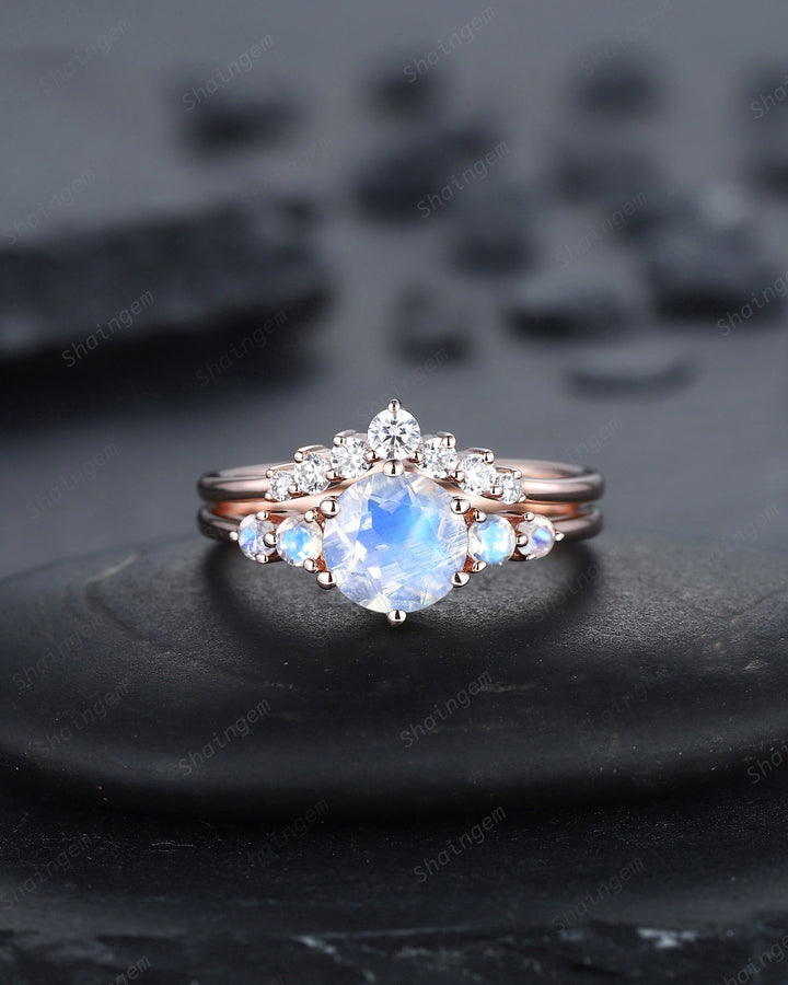 Vintage Round Moonstone Engagement Ring Set, Unique 14K Rose Gold Moonstone Wedding Promise Ring, Blue Moonstone Bridal Set Anniversary Gift