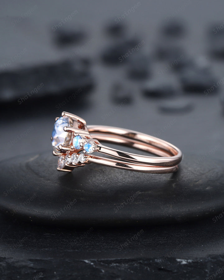 Vintage Round Moonstone Engagement Ring Set, Unique 14K Rose Gold Moonstone Wedding Promise Ring, Blue Moonstone Bridal Set Anniversary Gift
