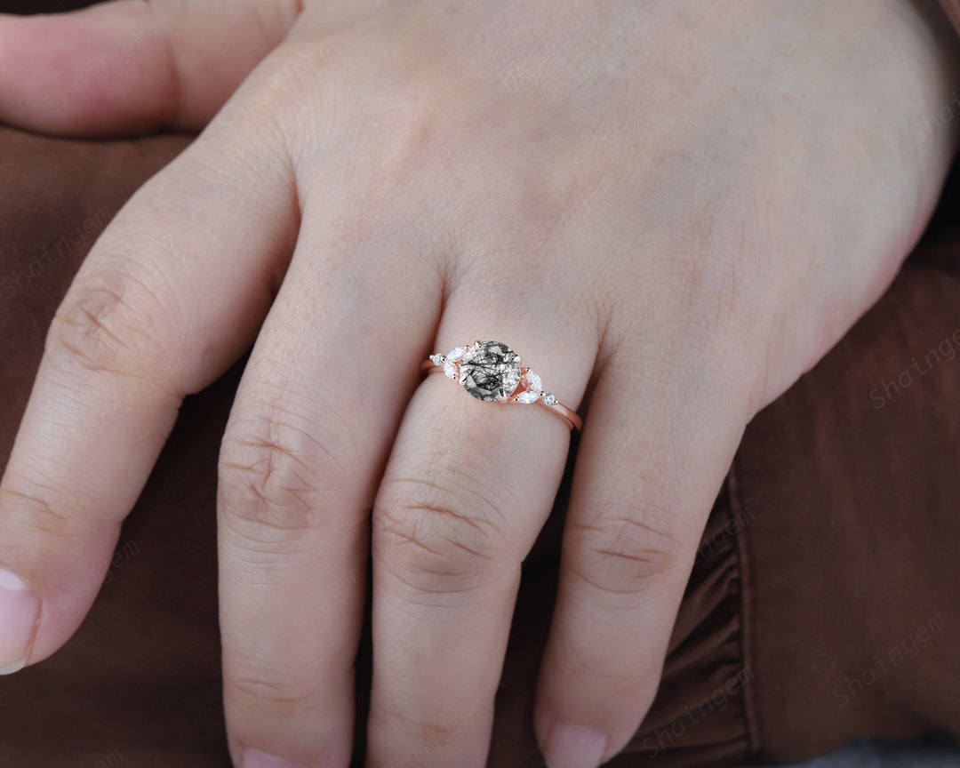 Unique Round Black Rutilated Quartz Engagement Ring, Vintage 14K Rose Gold or Silver Promise Ring, Black Hair Wedding Anniversary Ring Gift - ShainJewelry