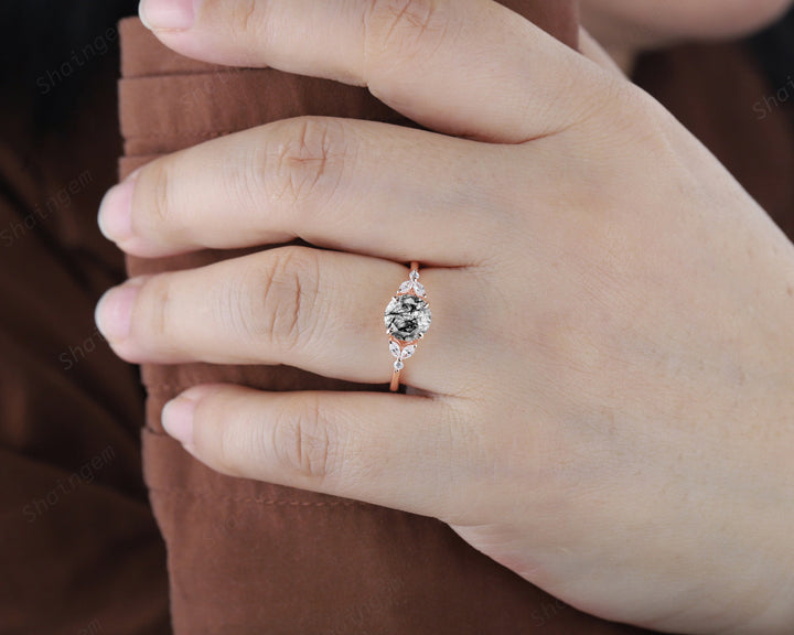 Unique Round Black Rutilated Quartz Engagement Ring, Vintage 14K Rose Gold or Silver Promise Ring, Black Hair Wedding Anniversary Ring Gift - ShainJewelry