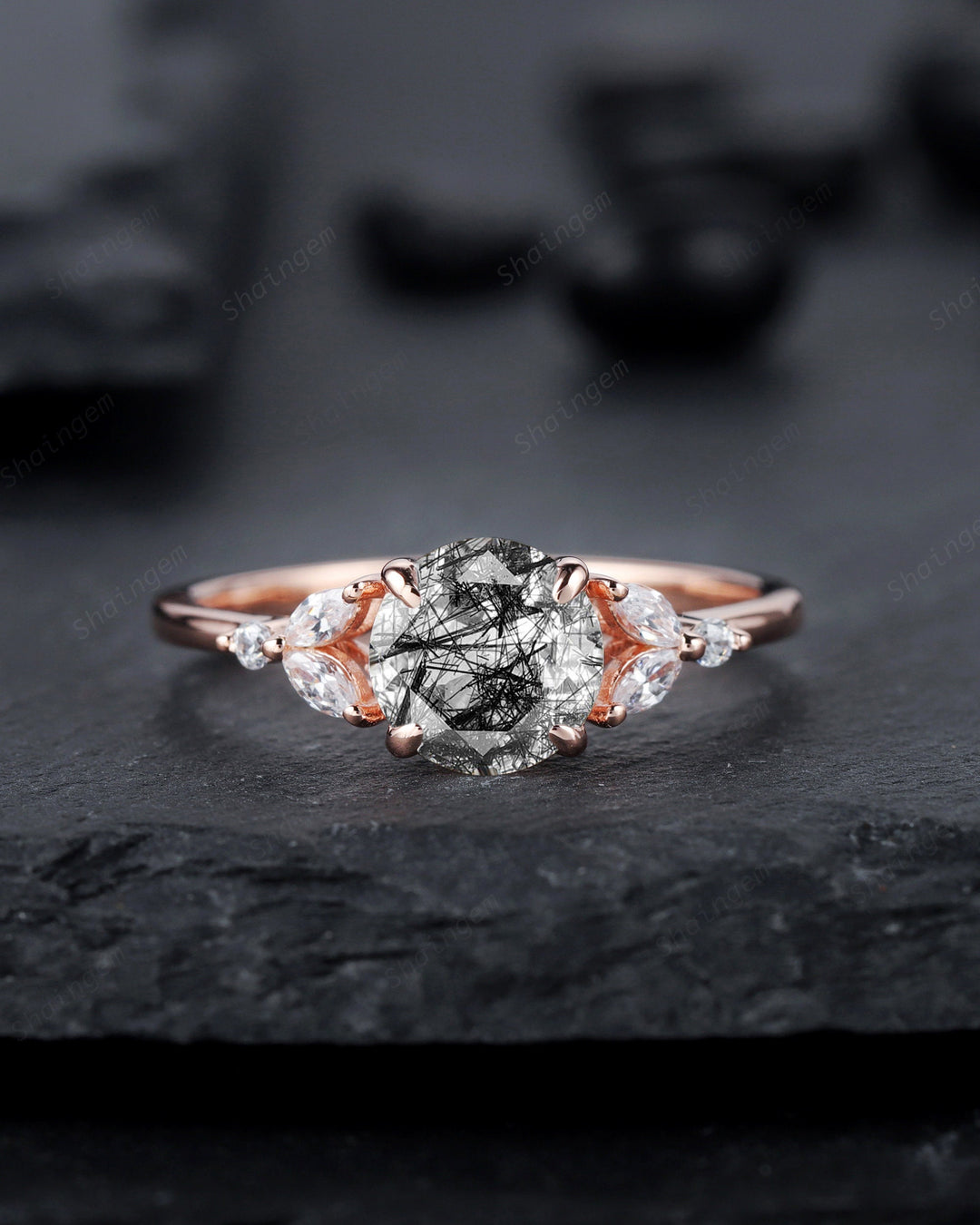 Unique Round Black Rutilated Quartz Engagement Ring, Vintage 14K Rose Gold or Silver Promise Ring, Black Hair Wedding Anniversary Ring Gift - ShainJewelry