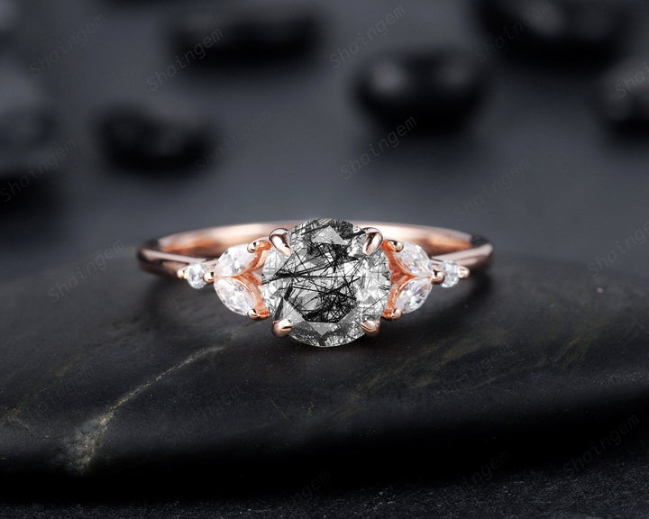 Unique Round Black Rutilated Quartz Engagement Ring, Vintage 14K Rose Gold or Silver Promise Ring, Black Hair Wedding Anniversary Ring Gift - ShainJewelry