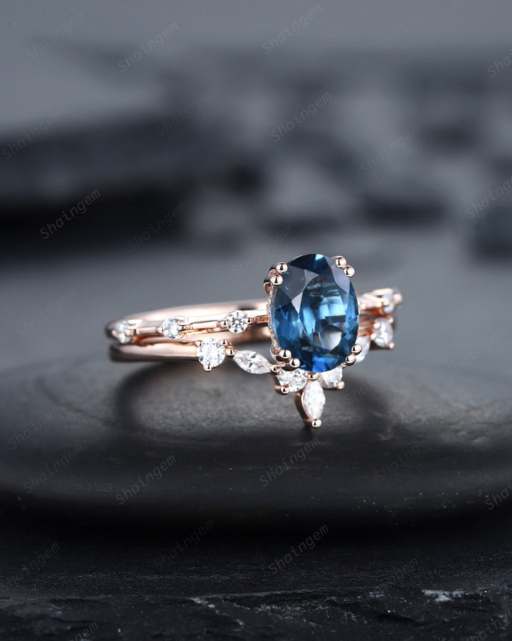Vintage Oval Cut Topaz Engagement Ring Set, Unique Blue Topaz Promise Ring, 14K Rose Gold Hidden Halo Bridal Set, Topaz Wedding Ring Gift - ShainJewelry