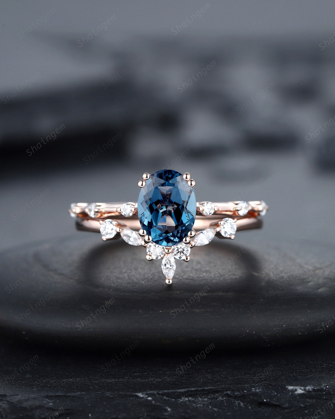 Vintage Oval Cut Topaz Engagement Ring Set, Unique Blue Topaz Promise Ring, 14K Rose Gold Hidden Halo Bridal Set, Topaz Wedding Ring Gift - ShainJewelry