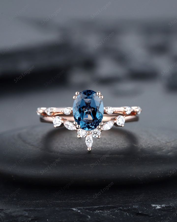 Vintage Oval Cut Topaz Engagement Ring Set, Unique Blue Topaz Promise Ring, 14K Rose Gold Hidden Halo Bridal Set, Topaz Wedding Ring Gift - ShainJewelry