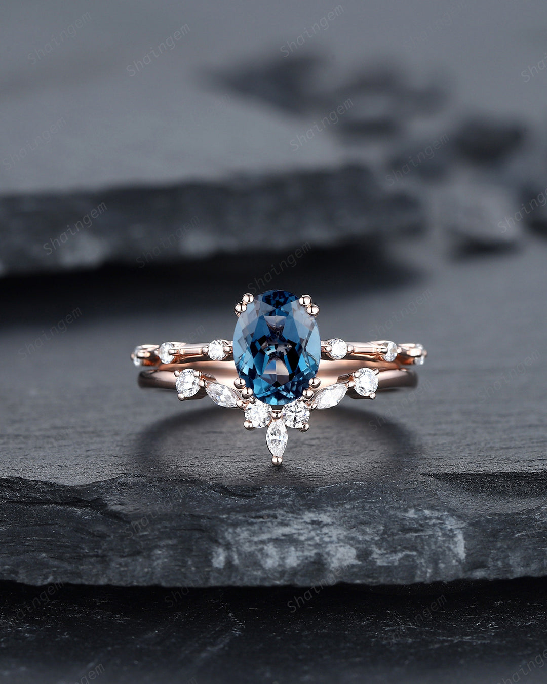 Vintage Oval Cut Topaz Engagement Ring Set, Unique Blue Topaz Promise Ring, 14K Rose Gold Hidden Halo Bridal Set, Topaz Wedding Ring Gift - ShainJewelry