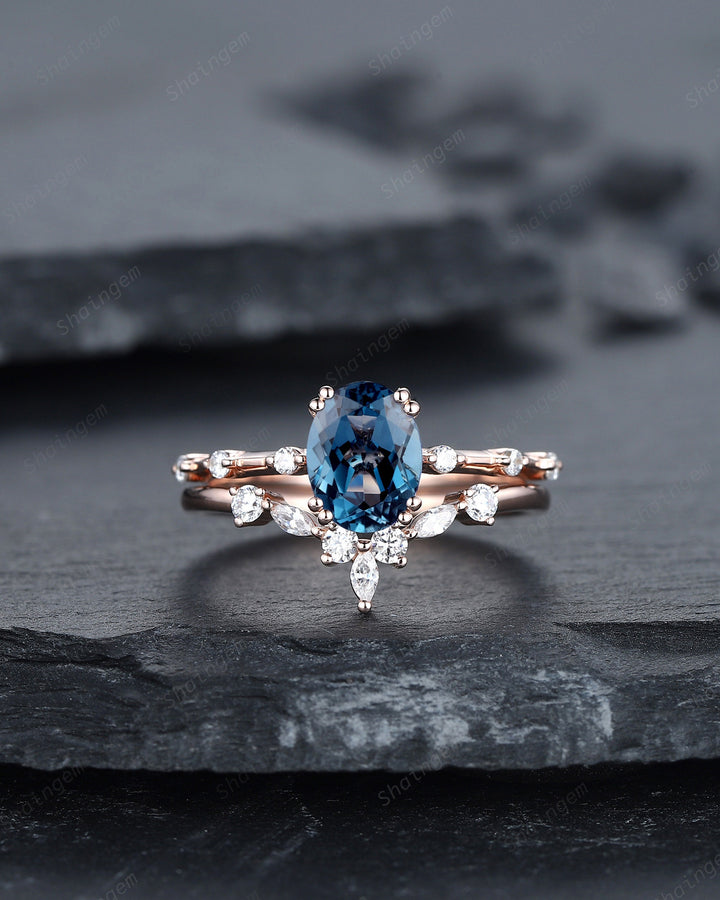 Vintage Oval Cut Topaz Engagement Ring Set, Unique Blue Topaz Promise Ring, 14K Rose Gold Hidden Halo Bridal Set, Topaz Wedding Ring Gift - ShainJewelry