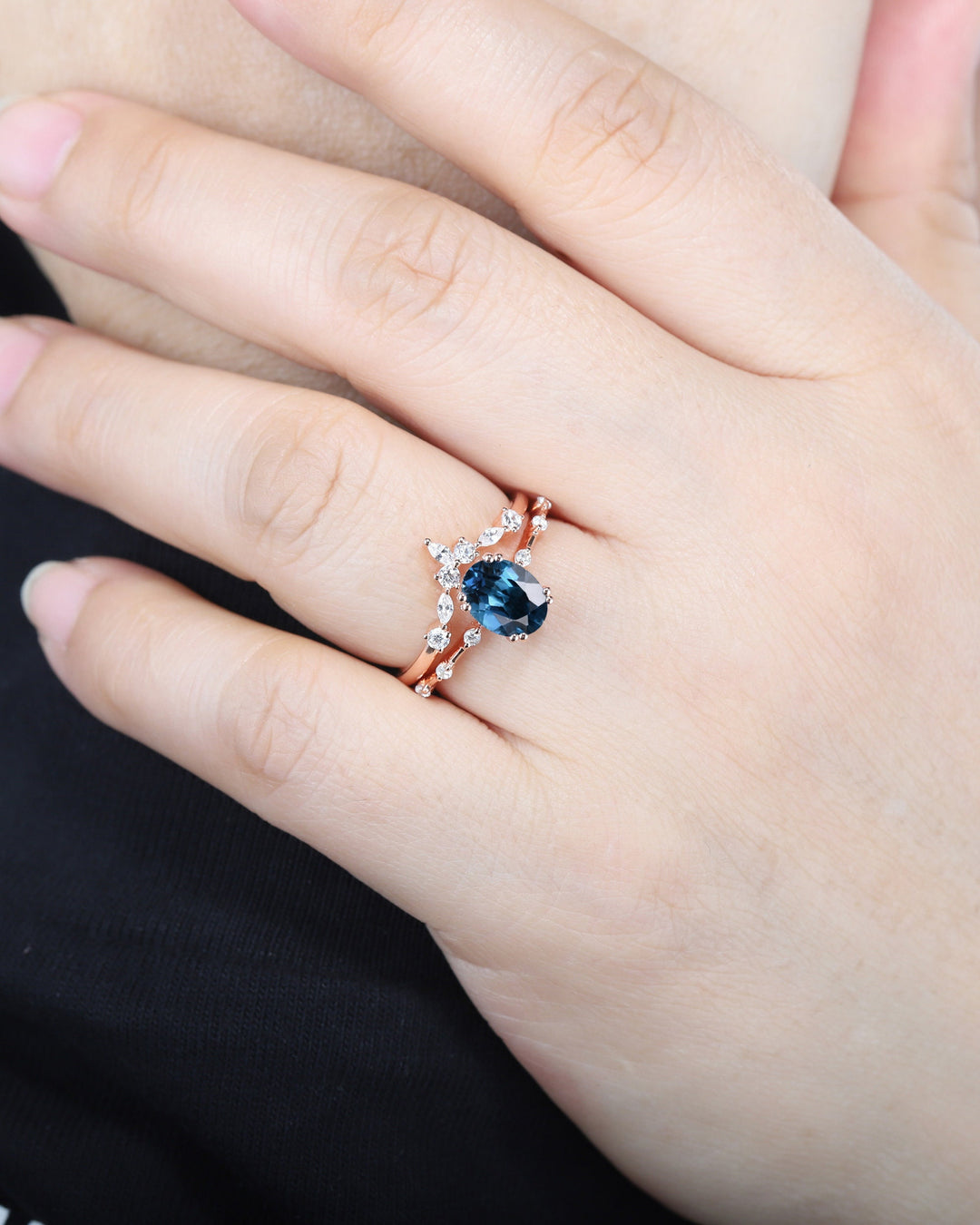Vintage Oval Cut Topaz Engagement Ring Set, Unique Blue Topaz Promise Ring, 14K Rose Gold Hidden Halo Bridal Set, Topaz Wedding Ring Gift - ShainJewelry