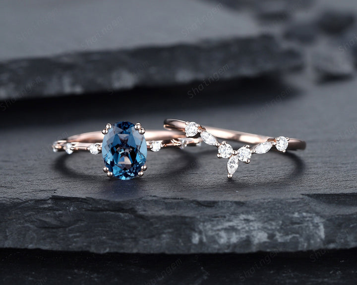 Vintage Oval Cut Topaz Engagement Ring Set, Unique Blue Topaz Promise Ring, 14K Rose Gold Hidden Halo Bridal Set, Topaz Wedding Ring Gift - ShainJewelry