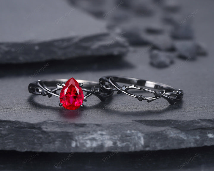 Black Gold Finish Pear Ruby Engagement Ring Set, Vintage Rhodium Black Twig Branch Ruby Bridal Set, Black Promise ring, Black wedding ring - ShainJewelry