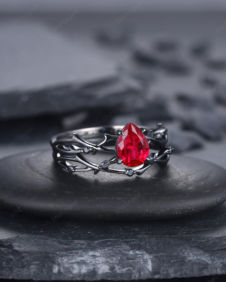 Black Gold Finish Pear Ruby Engagement Ring Set, Vintage Rhodium Black Twig Branch Ruby Bridal Set, Black Promise ring, Black wedding ring - ShainJewelry