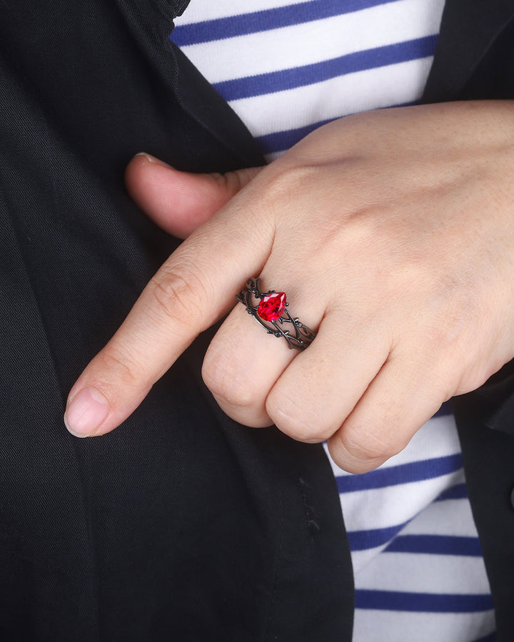 Black Gold Finish Pear Ruby Engagement Ring Set, Vintage Rhodium Black Twig Branch Ruby Bridal Set, Black Promise ring, Black wedding ring - ShainJewelry