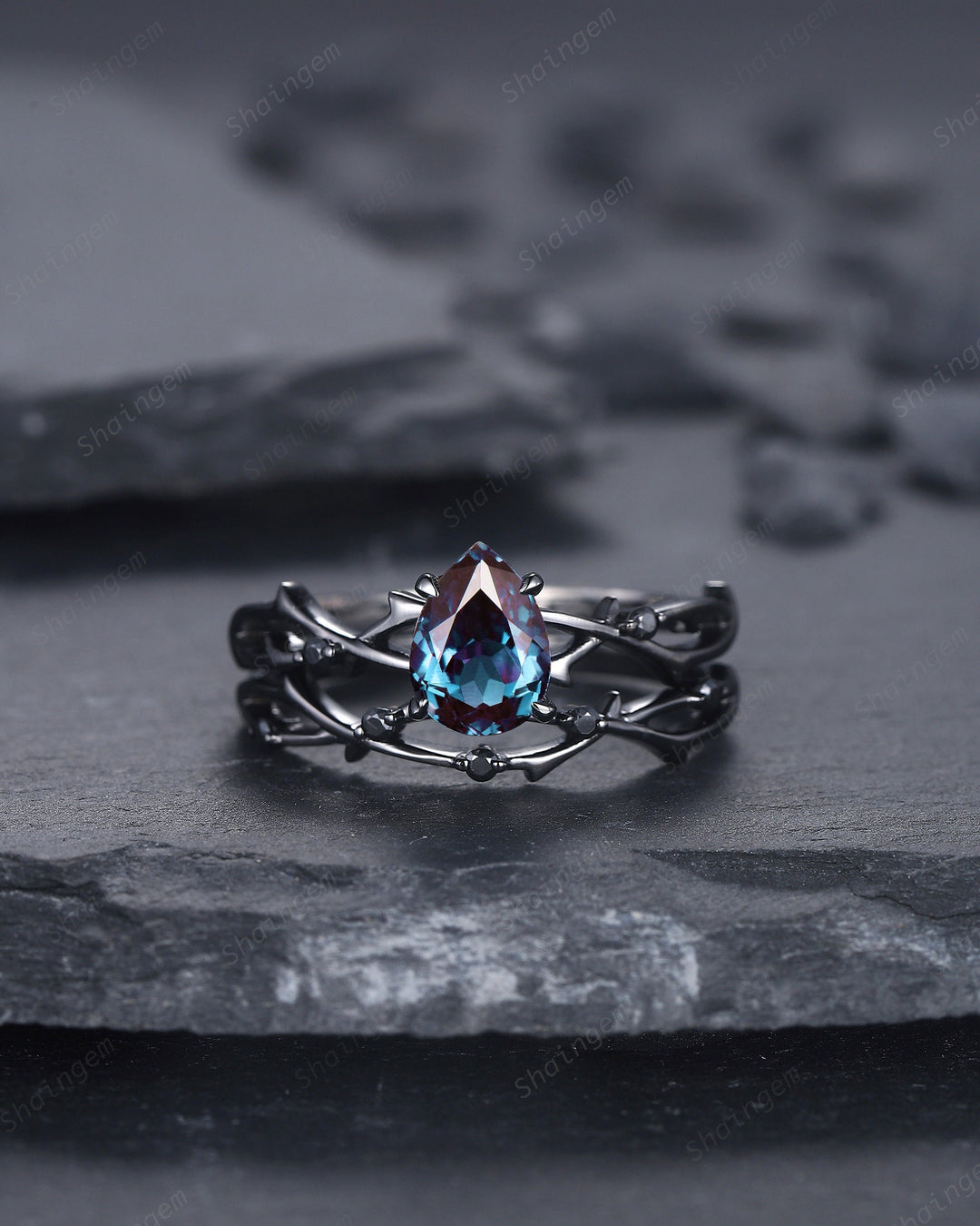 Vintage Rhodium Black Pear Alexandrite Engagement Ring Set, Unique Black Gold Twig Branch Wedding Promise Ring Black Diamond Bridal Ring Set - ShainJewelry