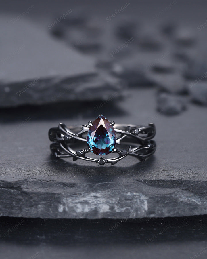 Vintage Rhodium Black Pear Alexandrite Engagement Ring Set, Unique Black Gold Twig Branch Wedding Promise Ring Black Diamond Bridal Ring Set - ShainJewelry