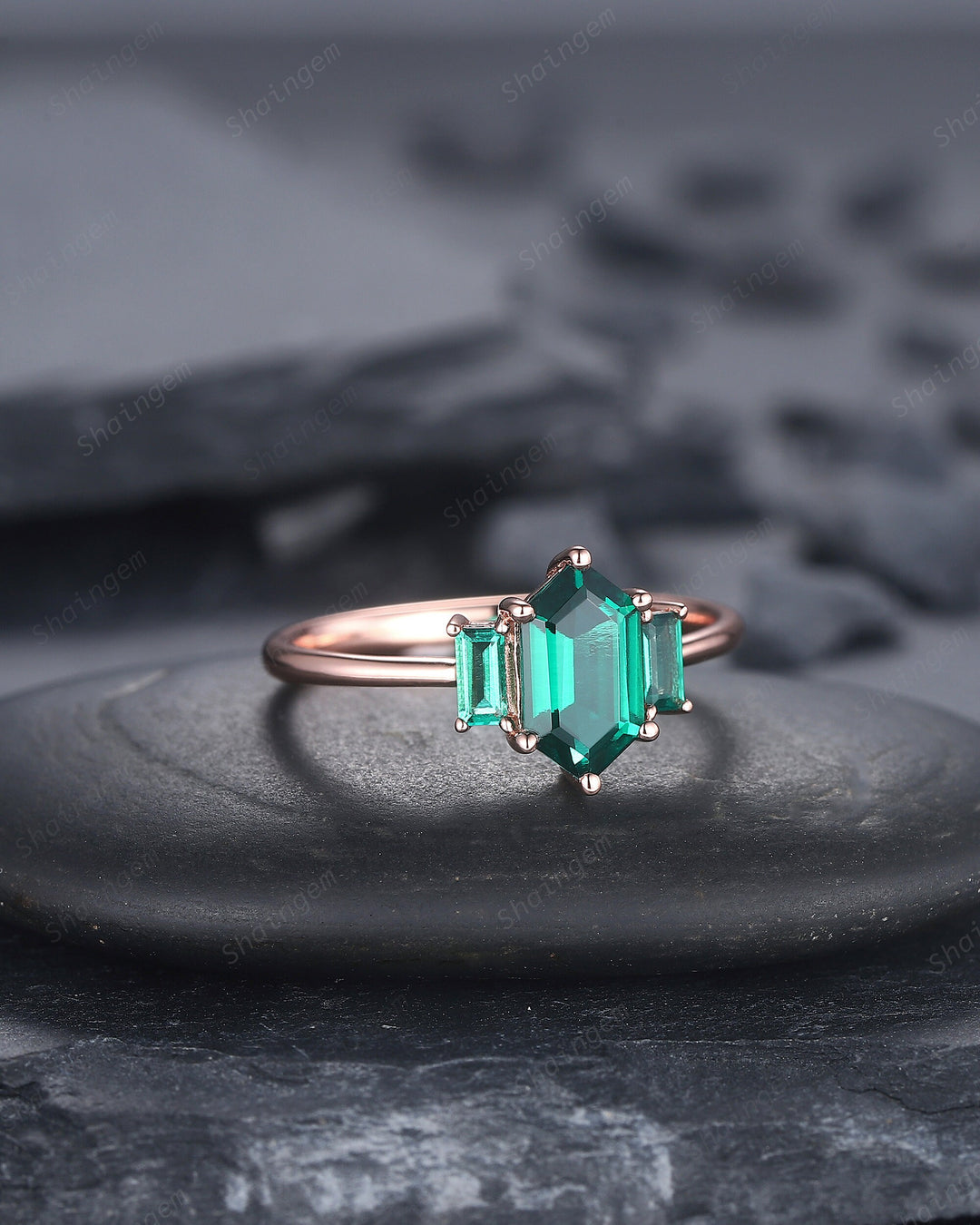 Vintage Long Hexagon Emerald Engagement Ring, Emerald Three Stones Wedding Ring, 14K Rose Gold Baguette Emerald Anniversary Promise Ring - ShainJewelry