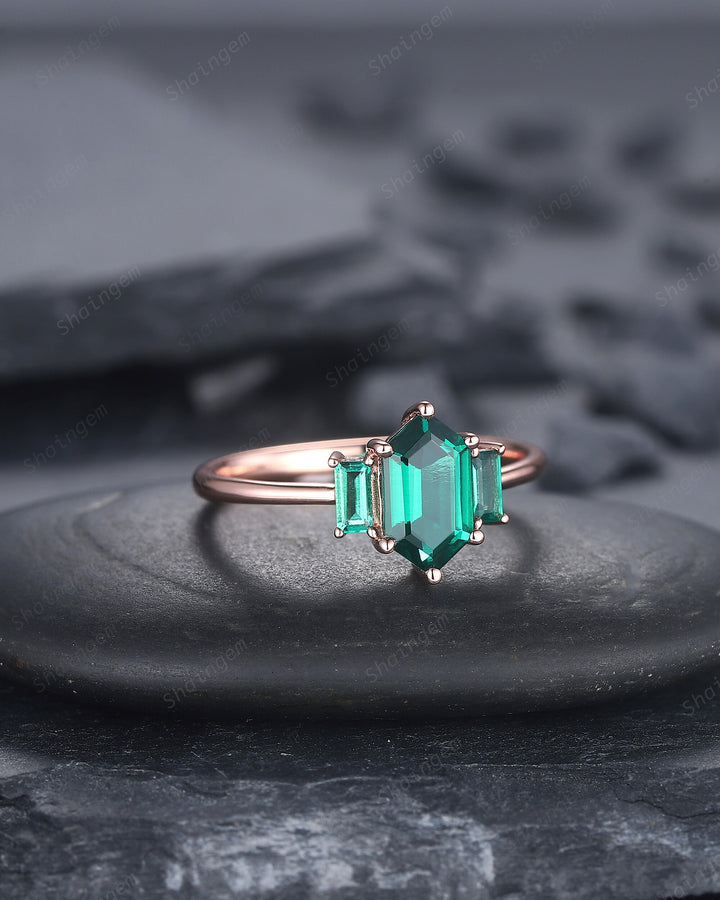 Vintage Long Hexagon Emerald Engagement Ring, Emerald Three Stones Wedding Ring, 14K Rose Gold Baguette Emerald Anniversary Promise Ring - ShainJewelry