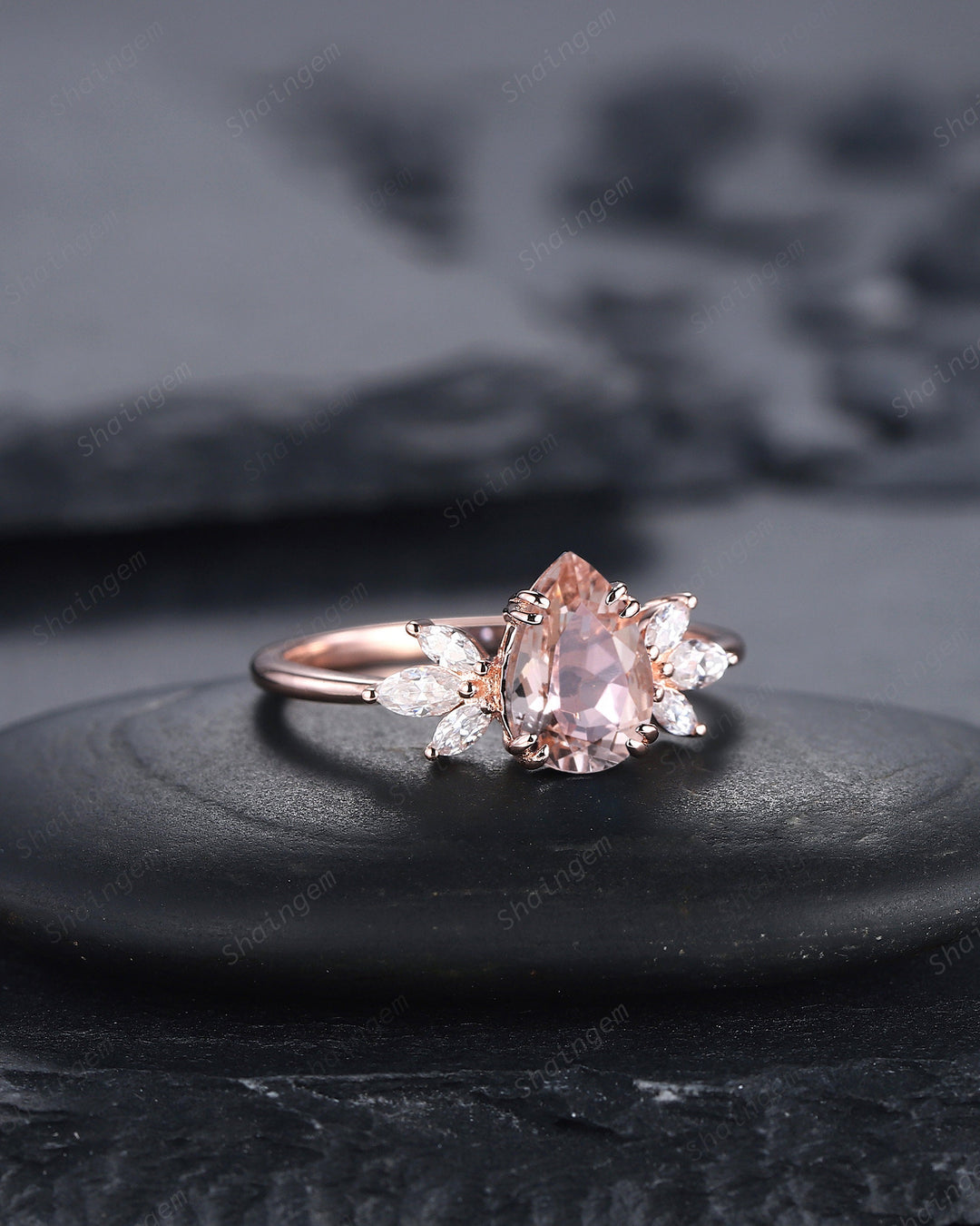Vintage Pear Pink Morganite Cluster Engagement Ring, Unique 14K Rose Gold Teardrop Morganite Wedding Ring, Art Deco Morganite Promise Ring - ShainJewelry