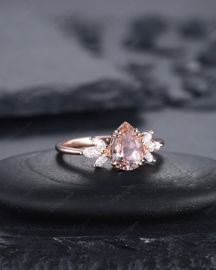 Vintage Pear Pink Morganite Cluster Engagement Ring, Unique 14K Rose Gold Teardrop Morganite Wedding Ring, Art Deco Morganite Promise Ring - ShainJewelry