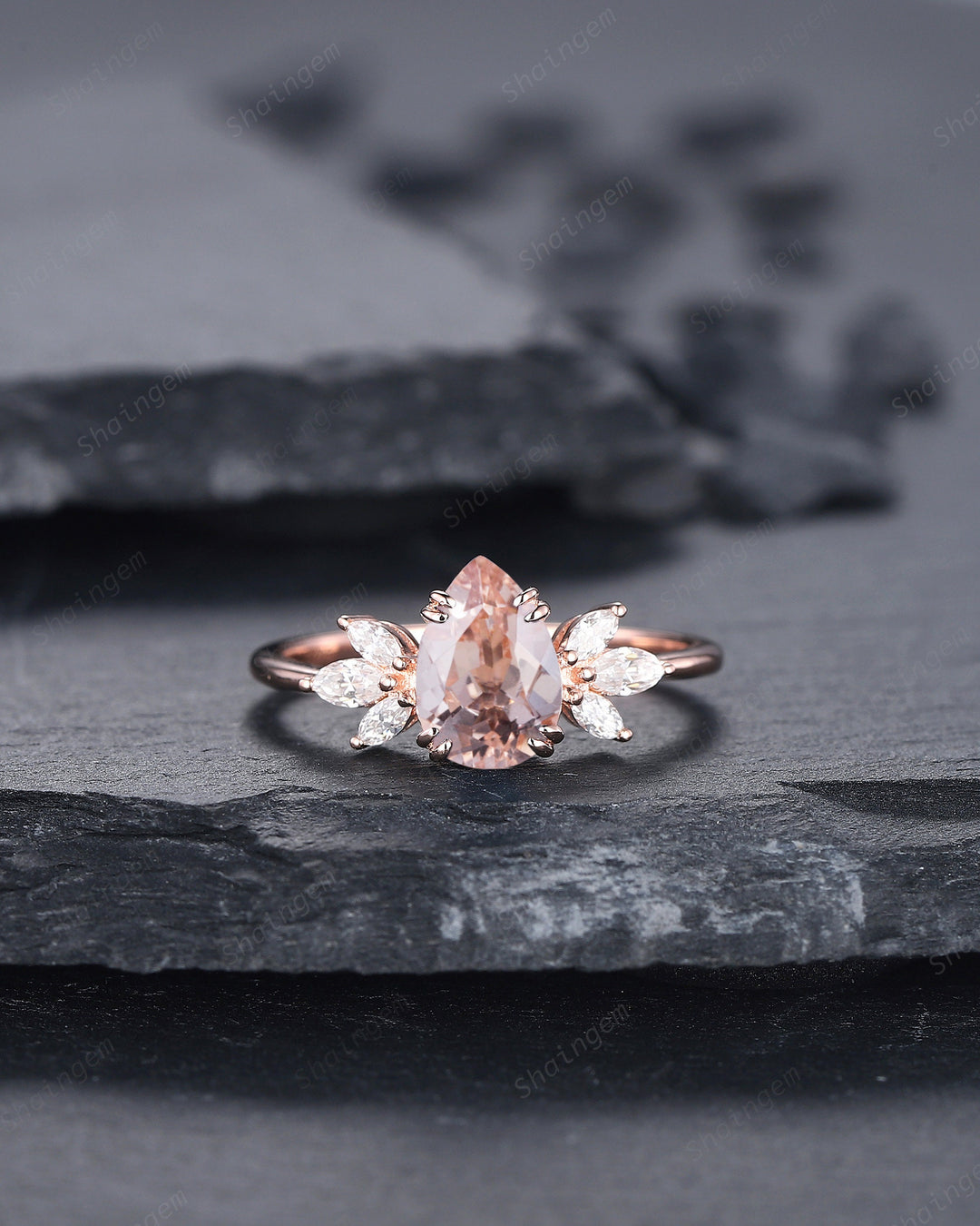 Vintage Pear Pink Morganite Cluster Engagement Ring, Unique 14K Rose Gold Teardrop Morganite Wedding Ring, Art Deco Morganite Promise Ring - ShainJewelry