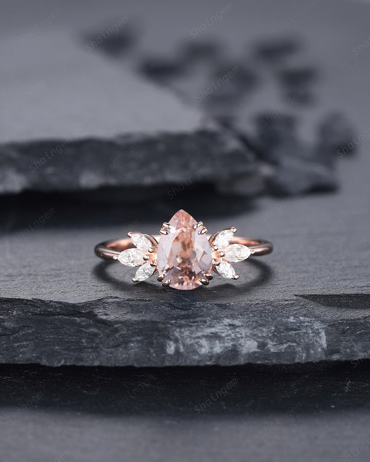 Vintage Pear Pink Morganite Cluster Engagement Ring, Unique 14K Rose Gold Teardrop Morganite Wedding Ring, Art Deco Morganite Promise Ring - ShainJewelry