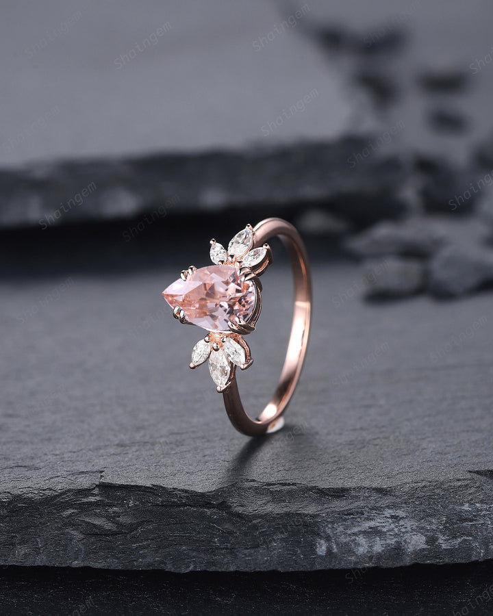 Vintage Pear Pink Morganite Cluster Engagement Ring, Unique 14K Rose Gold Teardrop Morganite Wedding Ring, Art Deco Morganite Promise Ring - ShainJewelry