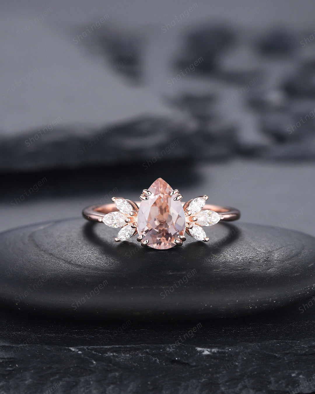 Vintage Pear Pink Morganite Cluster Engagement Ring, Unique 14K Rose Gold Teardrop Morganite Wedding Ring, Art Deco Morganite Promise Ring - ShainJewelry