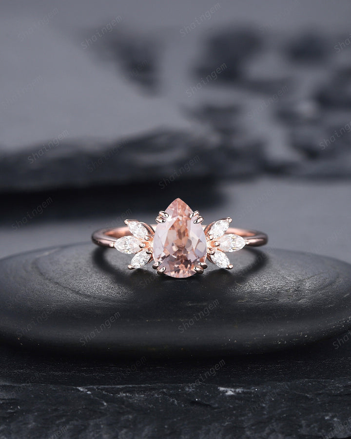 Vintage Pear Pink Morganite Cluster Engagement Ring, Unique 14K Rose Gold Teardrop Morganite Wedding Ring, Art Deco Morganite Promise Ring - ShainJewelry