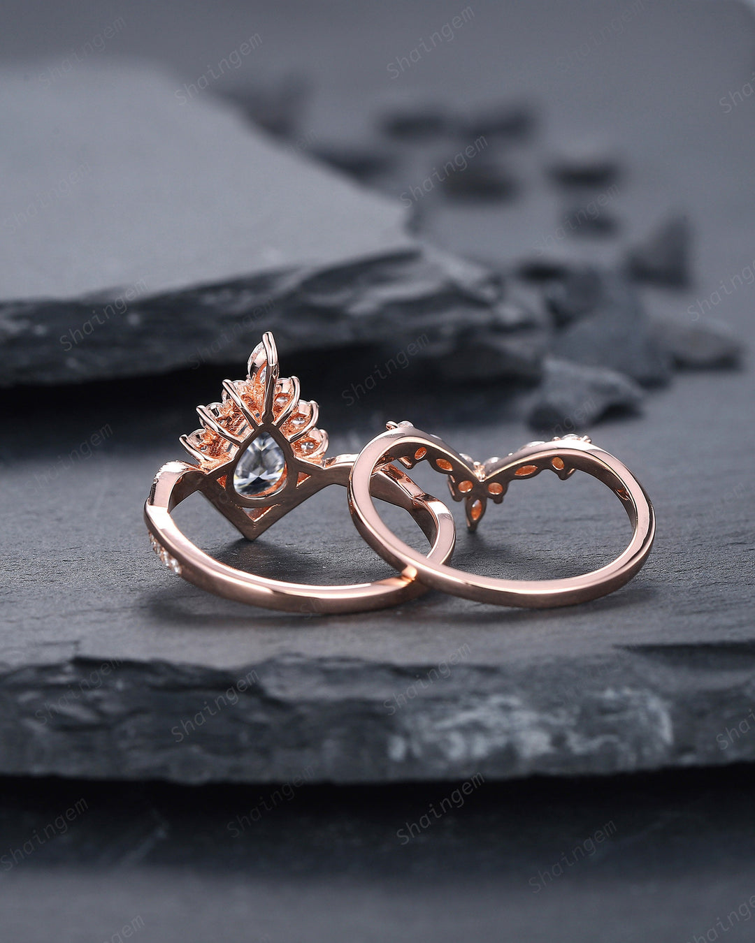 Vintage Pear Cut Gray Moissanite Halo Engagement Ring Set, Unique 14K Rose Gold Grey Moissanite Wedding Set, V Shape Moissanite Bridal Set - ShainJewelry