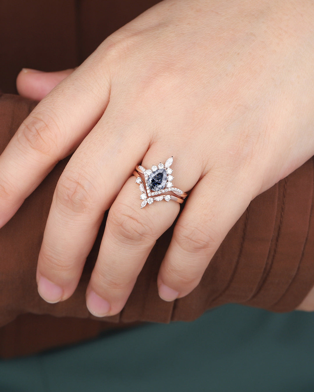Vintage Pear Cut Gray Moissanite Halo Engagement Ring Set, Unique 14K Rose Gold Grey Moissanite Wedding Set, V Shape Moissanite Bridal Set - ShainJewelry