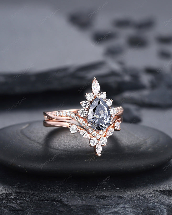 Vintage Pear Cut Gray Moissanite Halo Engagement Ring Set, Unique 14K Rose Gold Grey Moissanite Wedding Set, V Shape Moissanite Bridal Set - ShainJewelry
