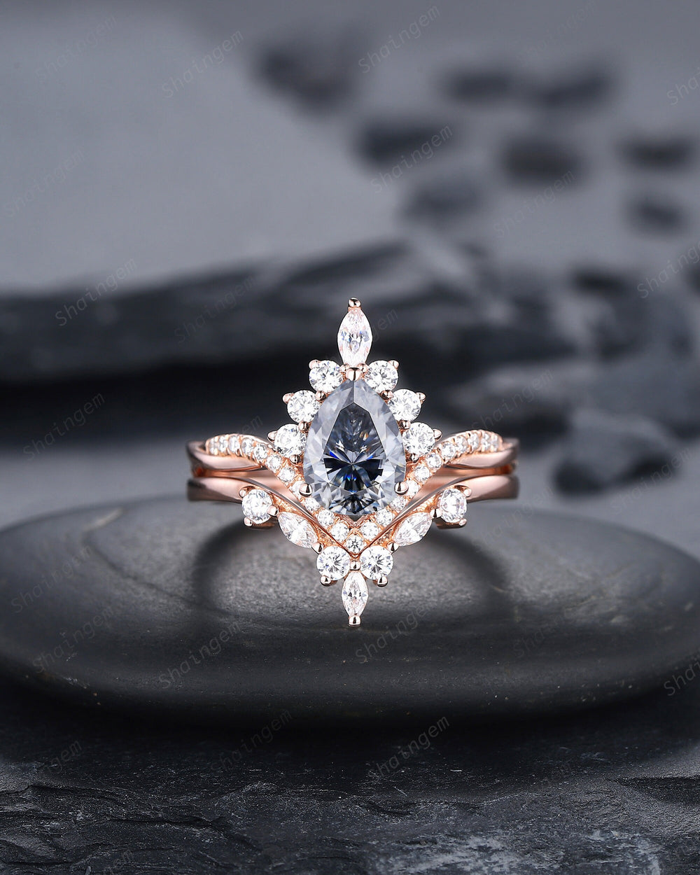 Vintage Pear Cut Gray Moissanite Halo Engagement Ring Set, Unique 14K Rose Gold Grey Moissanite Wedding Set, V Shape Moissanite Bridal Set - ShainJewelry