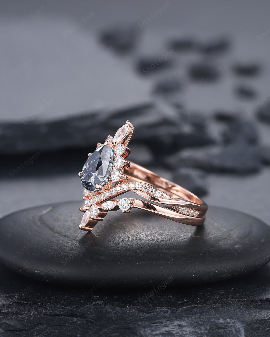 Vintage Pear Cut Gray Moissanite Halo Engagement Ring Set, Unique 14K Rose Gold Grey Moissanite Wedding Set, V Shape Moissanite Bridal Set - ShainJewelry