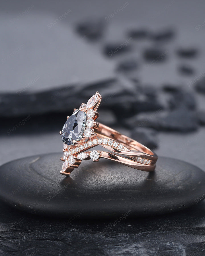 Vintage Pear Cut Gray Moissanite Halo Engagement Ring Set, Unique 14K Rose Gold Grey Moissanite Wedding Set, V Shape Moissanite Bridal Set - ShainJewelry