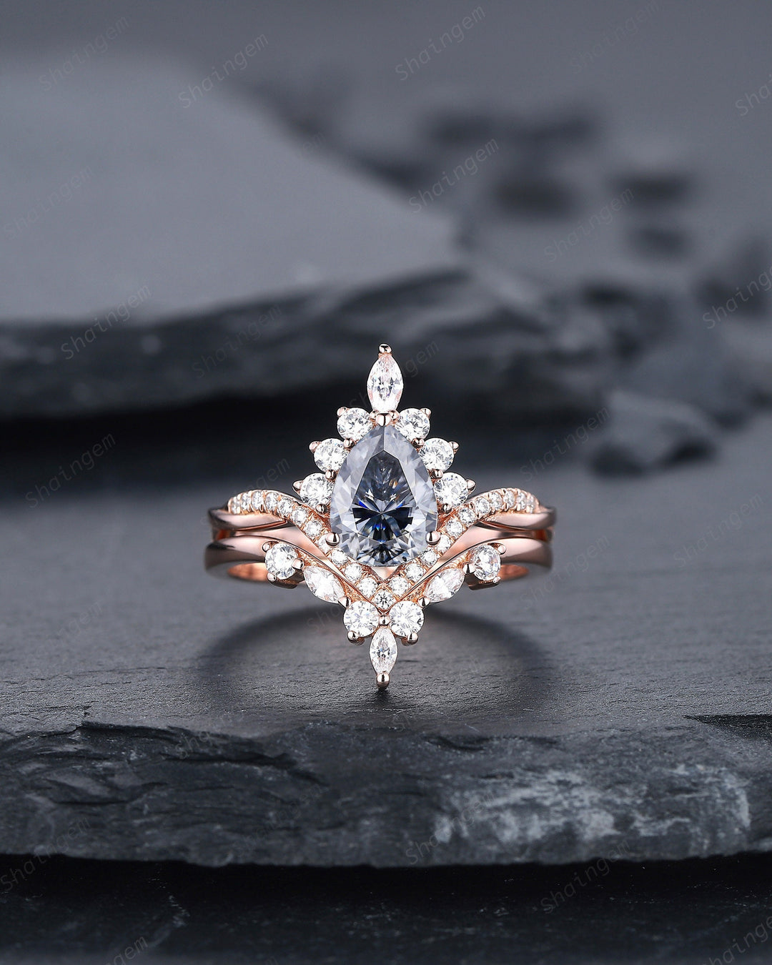 Vintage Pear Cut Gray Moissanite Halo Engagement Ring Set, Unique 14K Rose Gold Grey Moissanite Wedding Set, V Shape Moissanite Bridal Set - ShainJewelry