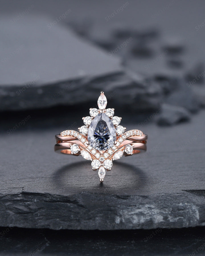 Vintage Pear Cut Gray Moissanite Halo Engagement Ring Set, Unique 14K Rose Gold Grey Moissanite Wedding Set, V Shape Moissanite Bridal Set - ShainJewelry