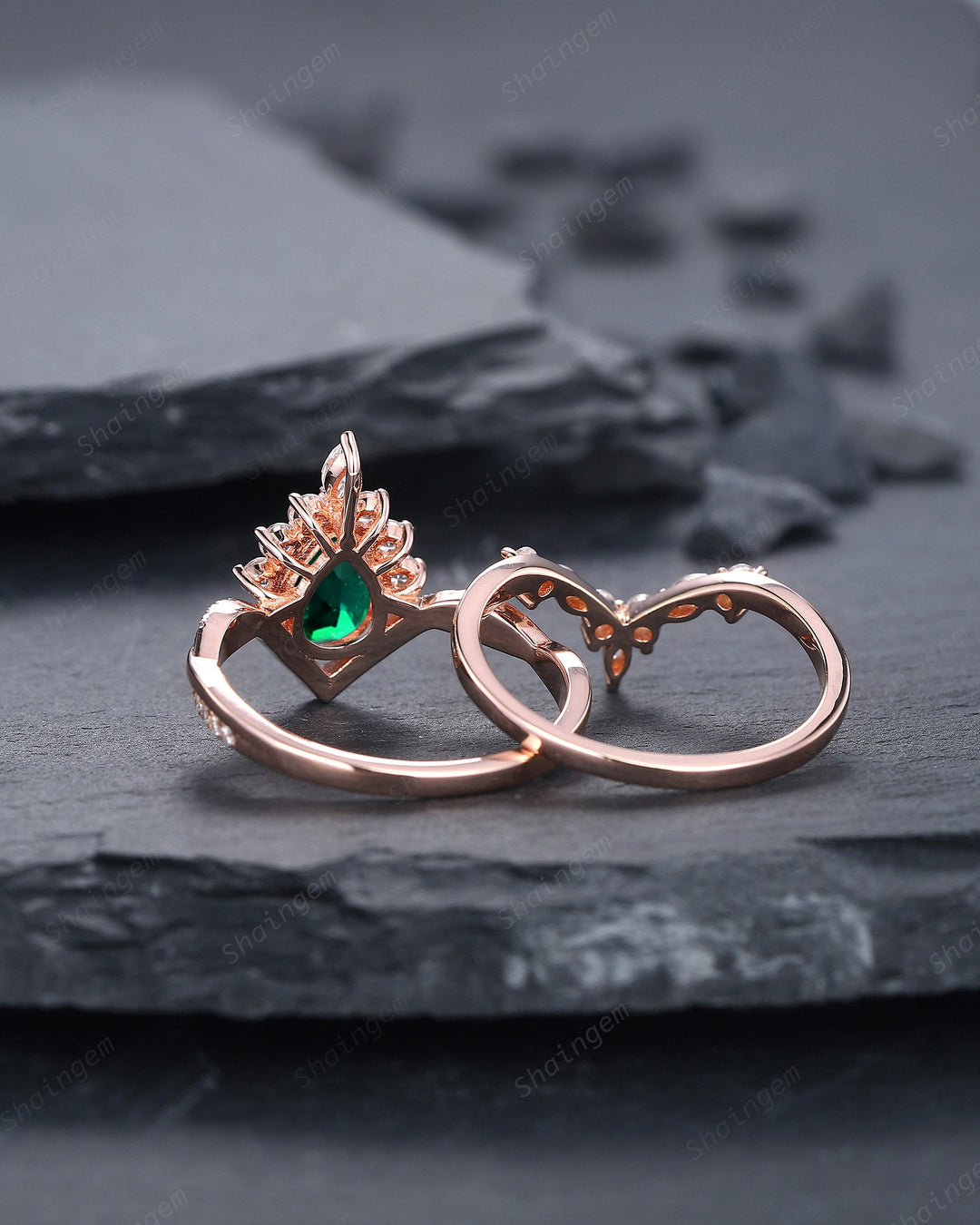 Vintage Pear Cut Emerald Halo Engagement Ring Set, Unique 14K Rose Gold Emerald Chevron Bridal Set, May Birthstone Promise Wedding Ring Set - ShainJewelry