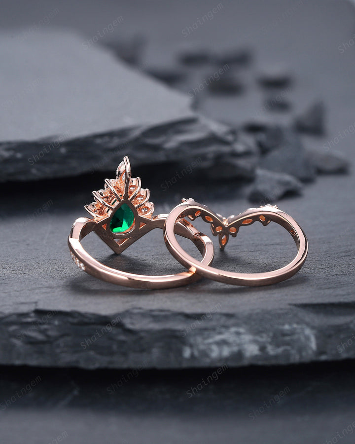 Vintage Pear Cut Emerald Halo Engagement Ring Set, Unique 14K Rose Gold Emerald Chevron Bridal Set, May Birthstone Promise Wedding Ring Set - ShainJewelry