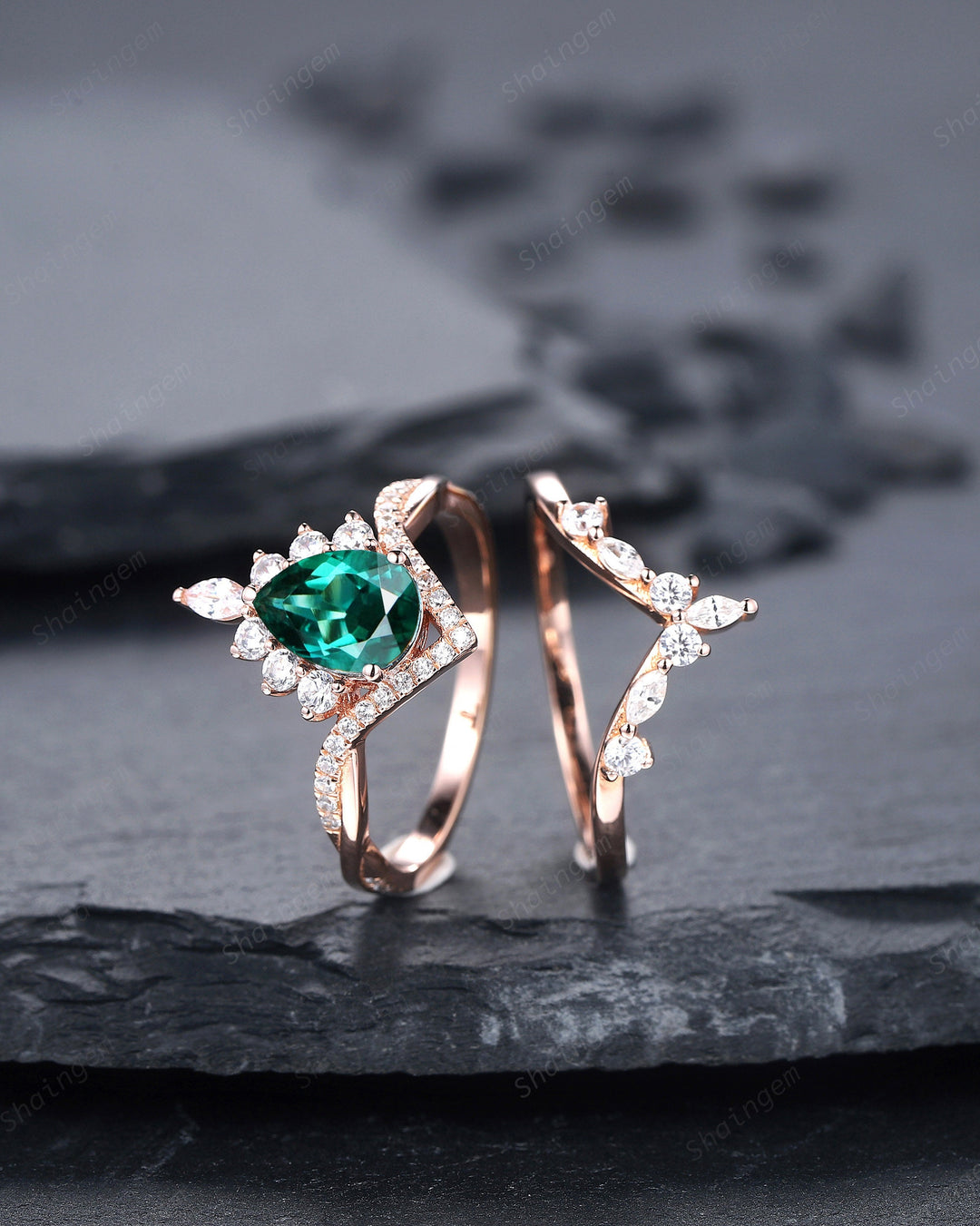 Vintage Pear Cut Emerald Halo Engagement Ring Set, Unique 14K Rose Gold Emerald Chevron Bridal Set, May Birthstone Promise Wedding Ring Set - ShainJewelry