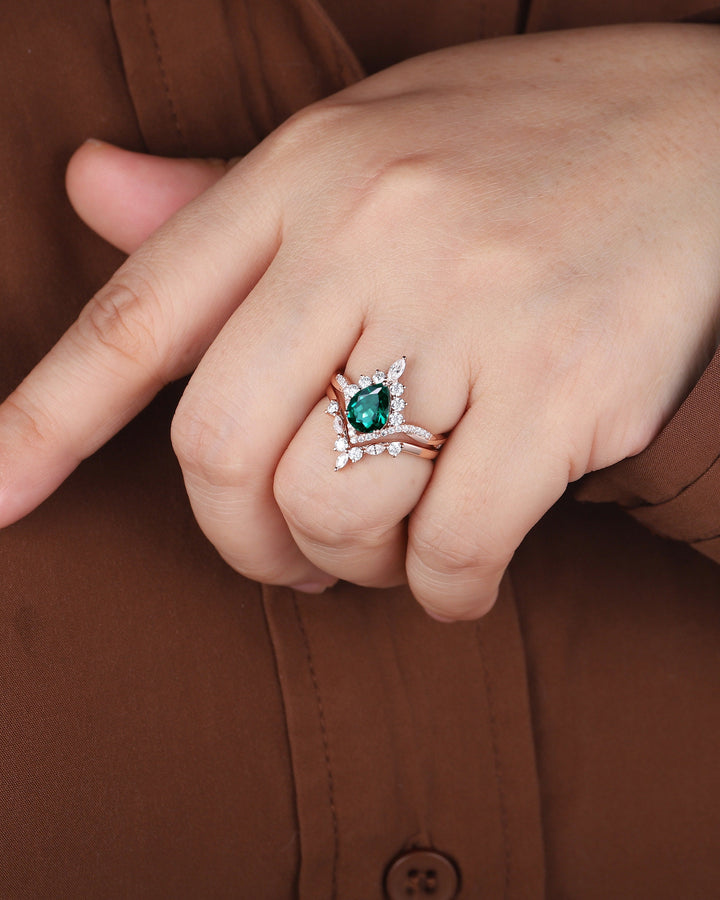 Vintage Pear Cut Emerald Halo Engagement Ring Set, Unique 14K Rose Gold Emerald Chevron Bridal Set, May Birthstone Promise Wedding Ring Set - ShainJewelry