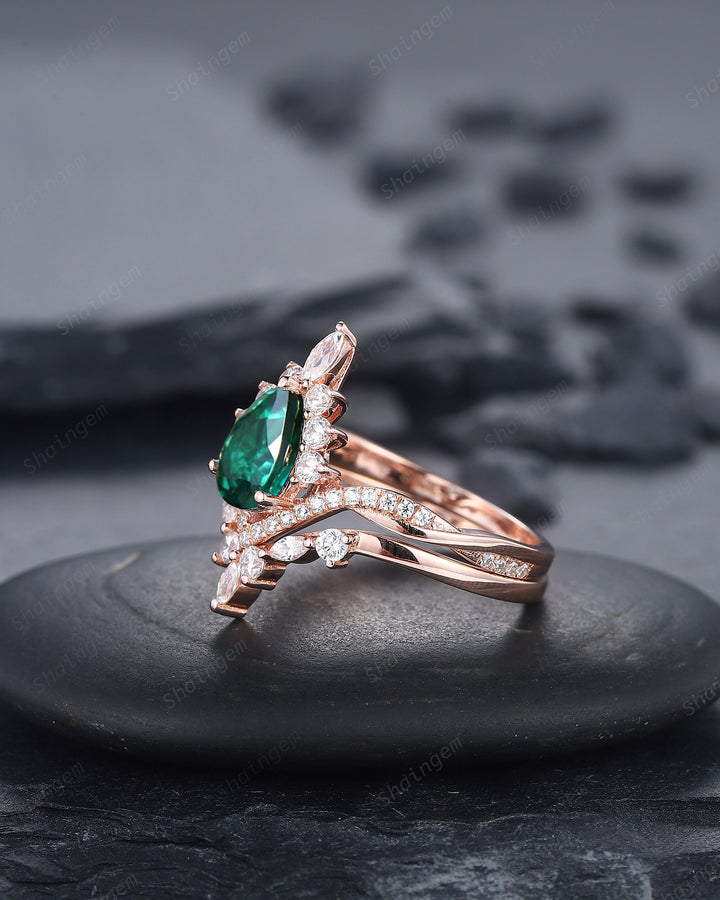 Vintage Pear Cut Emerald Halo Engagement Ring Set, Unique 14K Rose Gold Emerald Chevron Bridal Set, May Birthstone Promise Wedding Ring Set - ShainJewelry